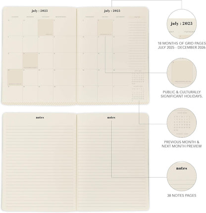 18 Month Planner/Calendar by Graphique, July 2025 – Dec. 2026 Gingham Monthly Planner, Holidays, Notes Pages, 8” x 10”