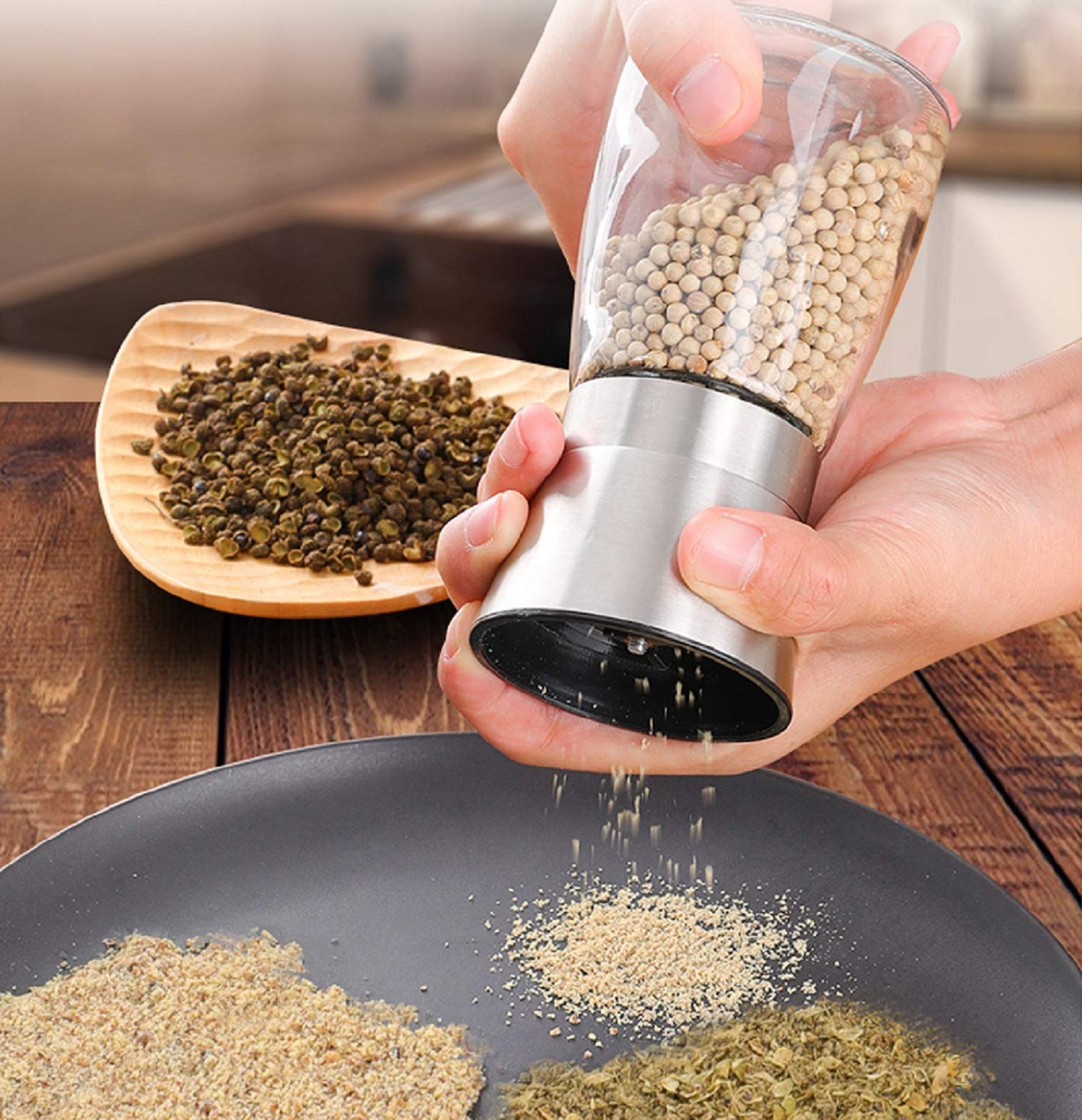 LessMo Salt and Pepper Grinder Set with Wooden Standing Tray, Refillable Pepper Mill Set - Brushed Stainless Steel - Short Glass Shakers with Adjustable Coarseness for Peppercorn, Salt or Spice Mills