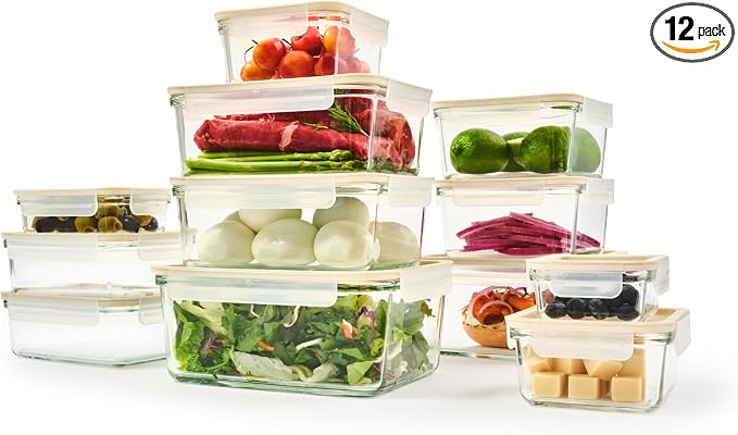 Glasslock Sens 24Pcs Glass Food Storage Set – Airtight & Leakproof, 8 Different Sizes, Anti Slip Lid, Microwave & Oven Safe, Meal prep, Lunch Box, Nestable & Stackable, Pantry Storage