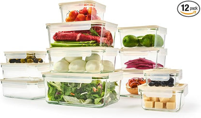 Glasslock Sens 24Pcs Glass Food Storage Set – Airtight & Leakproof, 8 Different Sizes, Anti Slip Lid, Microwave & Oven Safe, Meal prep, Lunch Box, Nestable & Stackable, Pantry Storage