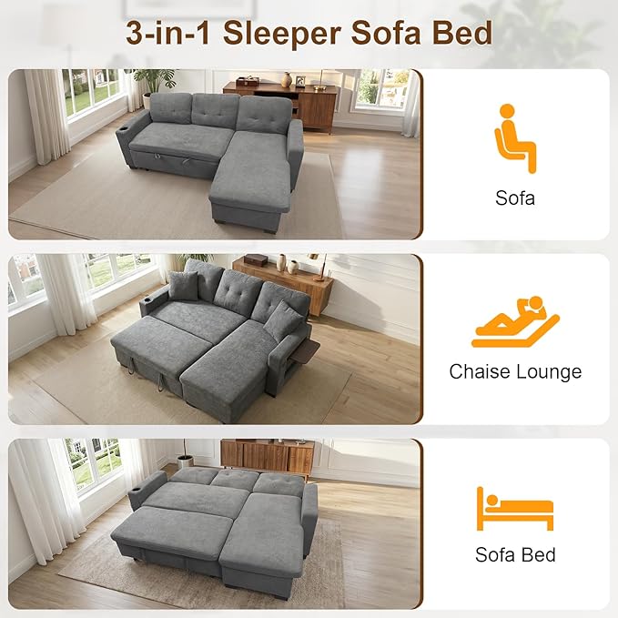 82" L Shaped Sleeper Sofa Bed, Pull Out Sectional Couch