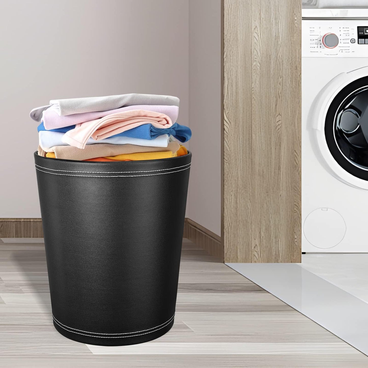 GORESE Pu Leather Trash Can, 2.6 Gallon Black Bathroom Trash Can, Small Office Garbage Can Wastebasket for Bedroom, Kitchen, Round Trash Bin Decorative Under-Sink/Desk/Home Easy to Clean
