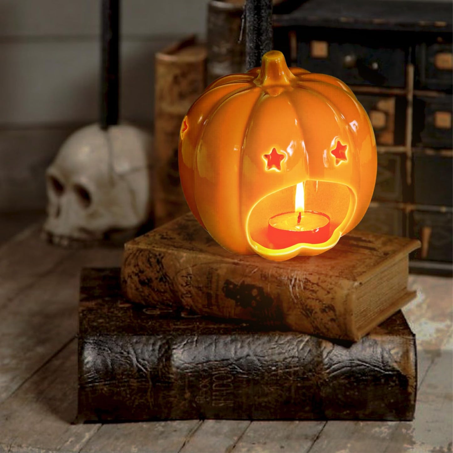 Halloween Ceramic Candle Holder Decorations Pumpkin Candle Holder Halloween Tabletop Decorative for Home Office Table Centerpiece, Cute Pumpkin Tealight Candlestick