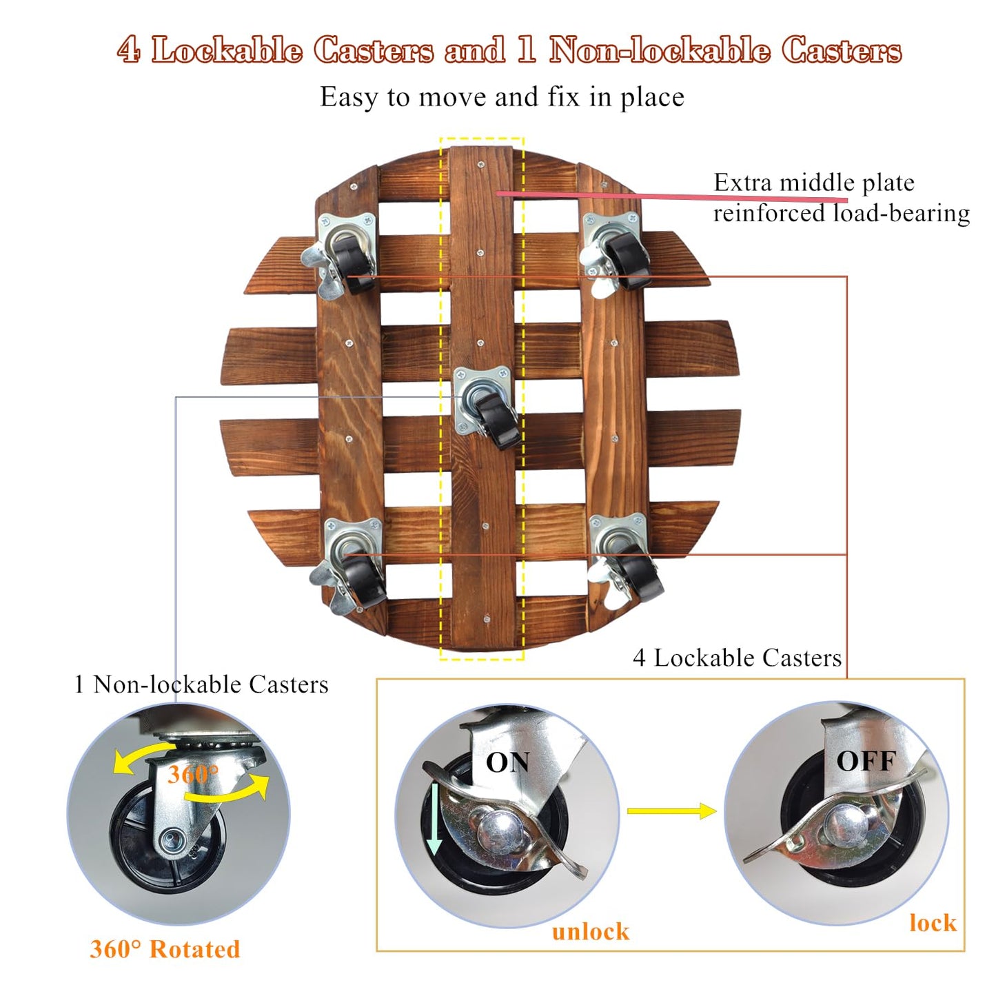 2 Pack 14" Plant Caddy with 5 Wheels, Rolling Plant Stand 220 LB Heavy Duty Wooden Round Plant Dolly with Metal 360° Lockable Caster Wheels for Outdoor Indoor Large Plant Pots, Flower Pot, Patio