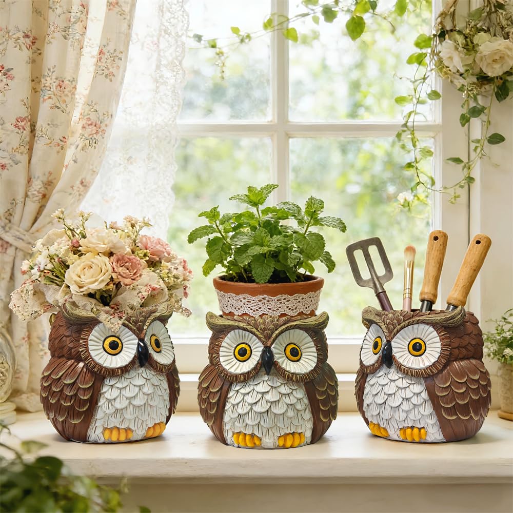 Hand Painted Owl Planter, Owl Plant Pots with Drainage, Garden Succulent Flower Pot for Small Plants, Forest Bird Figurines Home office Decor for Desk Table shelf Patio, Gift for Women Plant Lovers