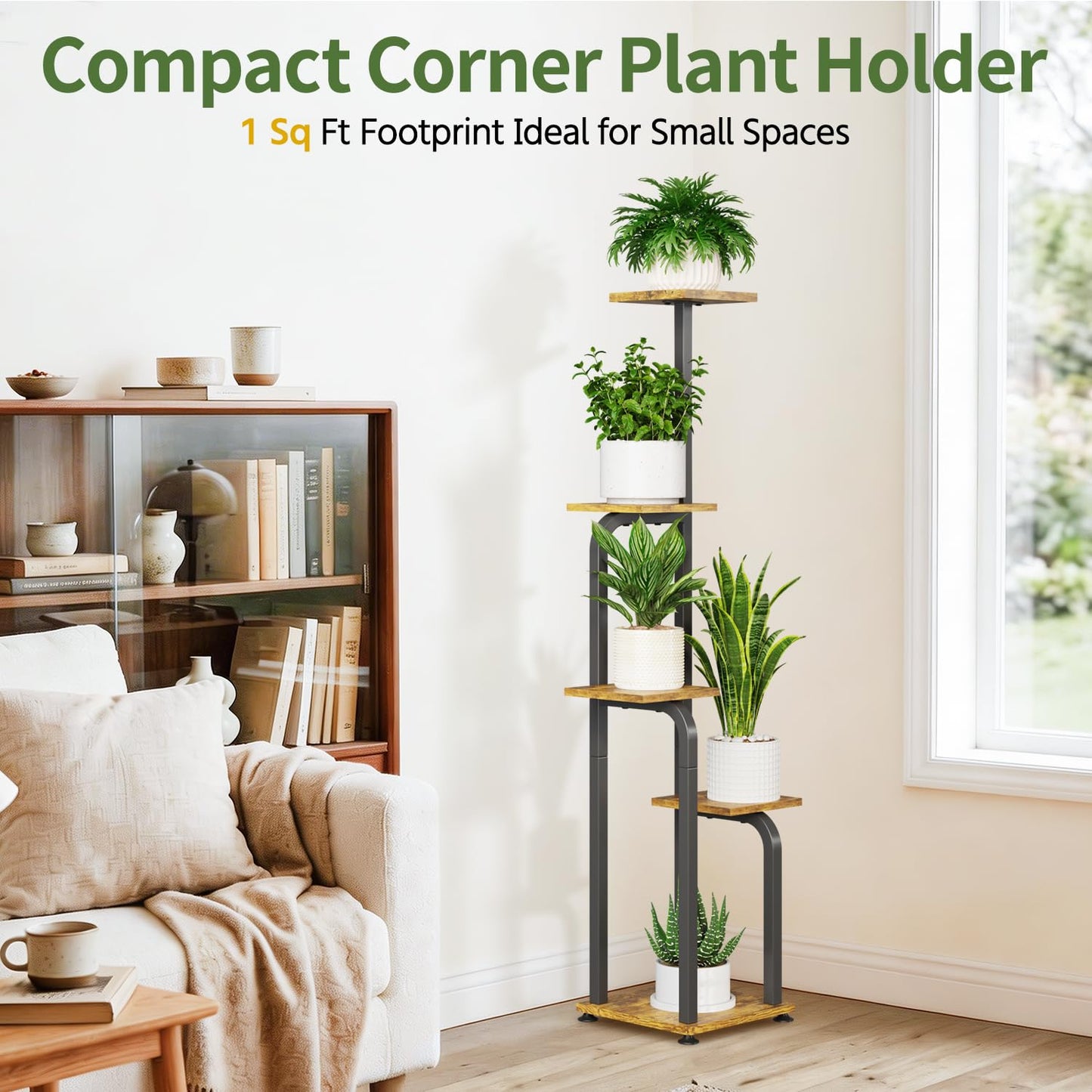 LASZOLA 5 Tiered Plant Stand Tall for Indoor Corner, Modern Multiple Flower Display Rack with Wooden Tray, Vertical Planter Shelf for Living Room Bedroom Patio Garden Balcony, Black