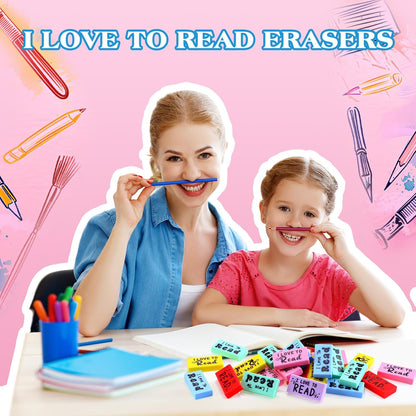 300 Pcs Inspirational Erasers for Kids Back to School Gifts I Love to Read Small Colorful Pencil Erasers for Students Classroom Cute Motivational Gift for Drawing School Office Supplies