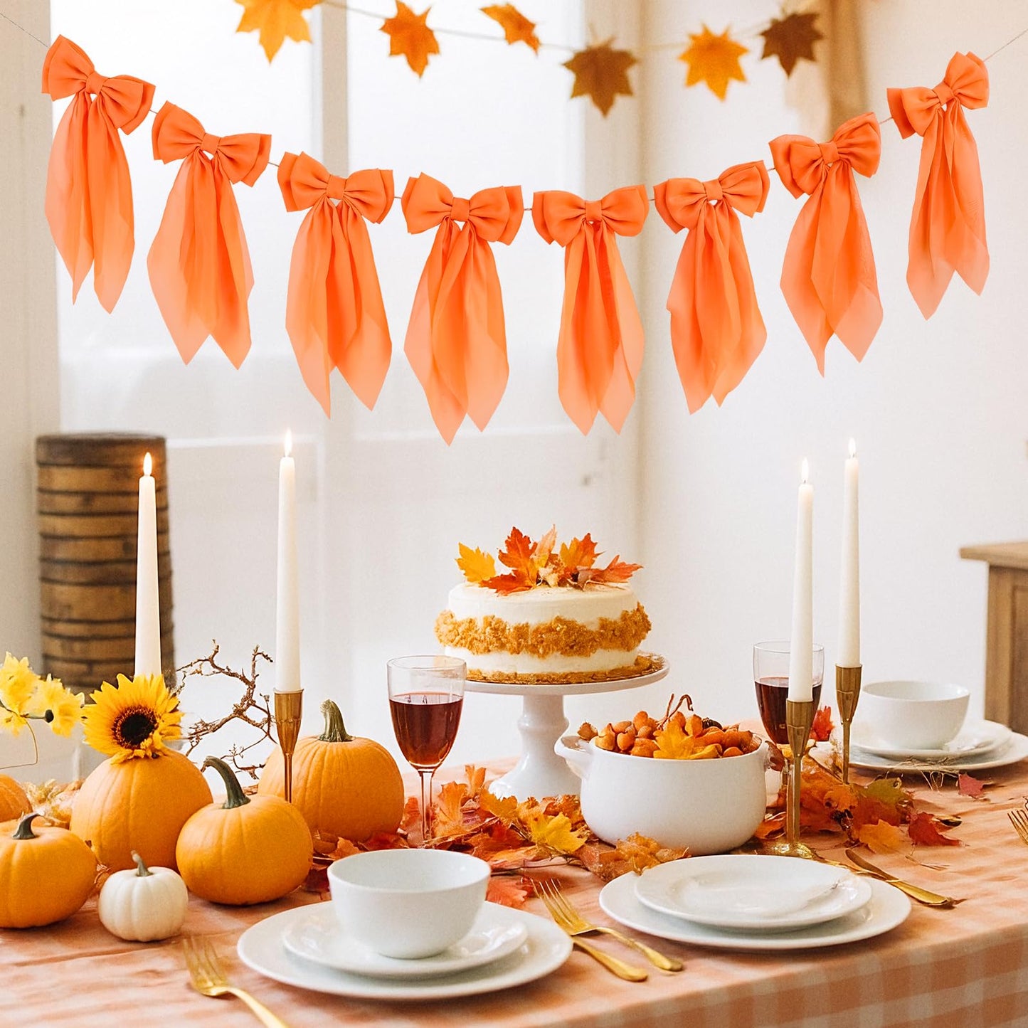 Orange Fall Bow Garland, Autumn Chiffon Bows Garland Thanksgiving Pumpkin Bow Banner Fall Decor for Mantle Fireplace Decor, Home Office Thanksgiving Halloween Harvest Decorations
