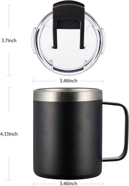 12oz Insulated Coffee Mug Cup with Handle, Stainless Steel Travel Coffee Mug with Flip Lid, Double Wall Vacuum Coffee Tumbler, Black