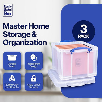 Really Useful Box 32 Liters Storage Bin Container with Snap Lid and Clip Lock Handles for Lidded Home and Office Storage Organization, 9 Pack