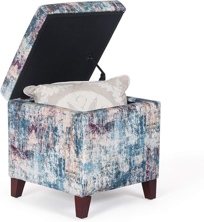 Adeco 18 Inch High Cube Ottoman Storage, Linen Chair Foot Stools, Upholstered