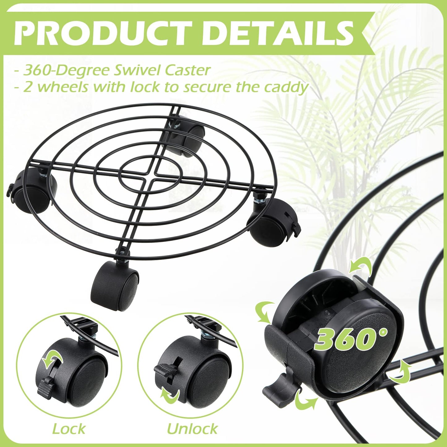 Zopeal 8 Pack Plant Stand with Wheels Heavy Duty Metal Plant Stand Rolling Dolly with Casters Round Flower Pot Rack with 8 Pcs Plastic Saucers for Indoor Outdoor Patio Garden(10.6 Inch,Black)