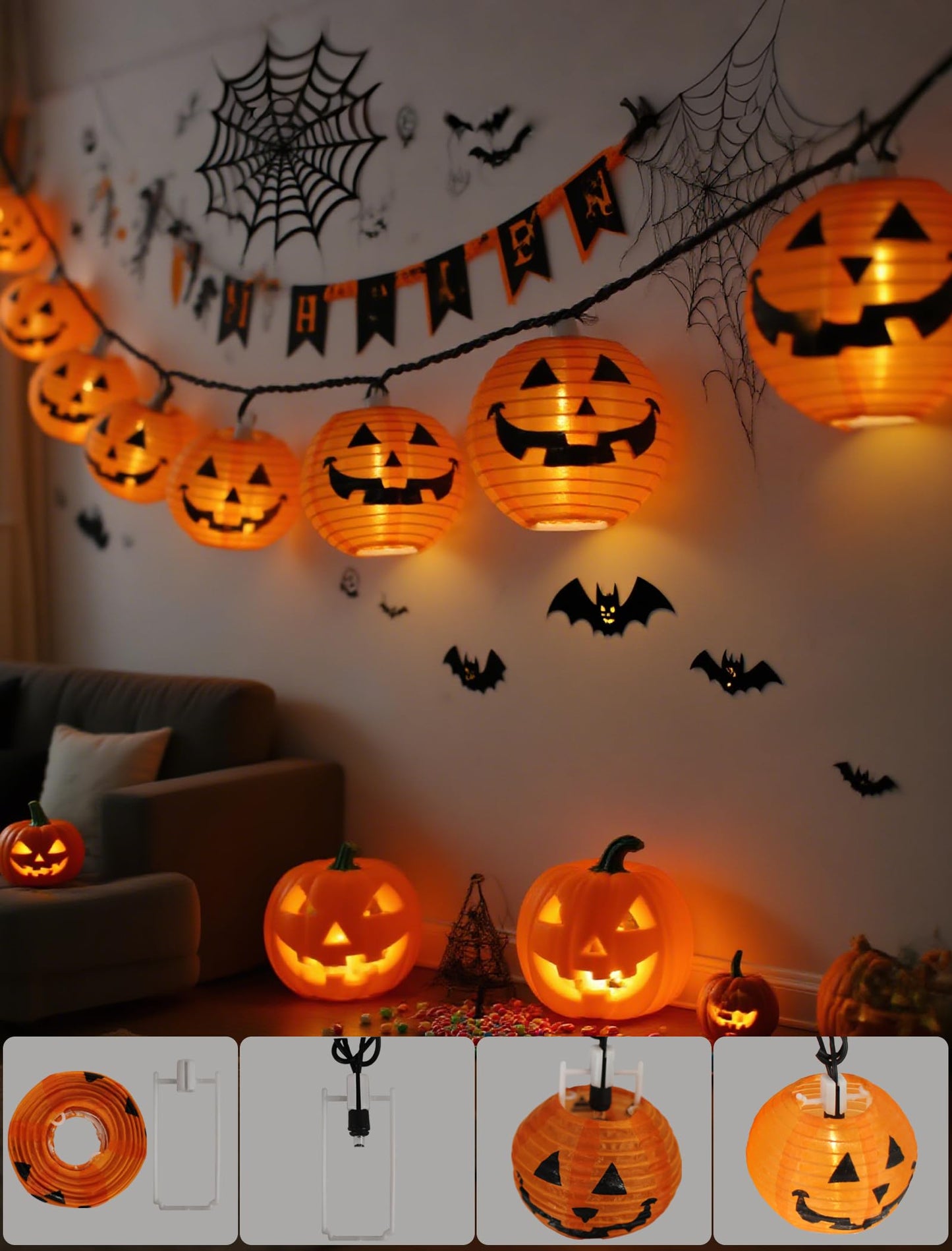 Adirxon Charming Halloween Christmas Pumpkin Lantern Lights, 12ft 20 LED UL Certified String Lights, Unique Fabric Jack o' Lanterns for a Whimsical Indoor & Outdoor Party Glow