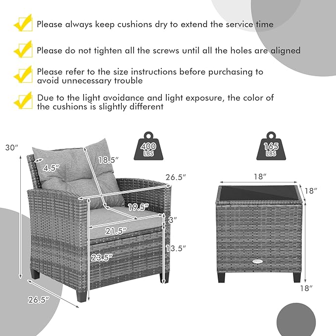 COSTWAY 3-Piece Patio Furniture Set, Outdoor Wicker Rattan Sofa