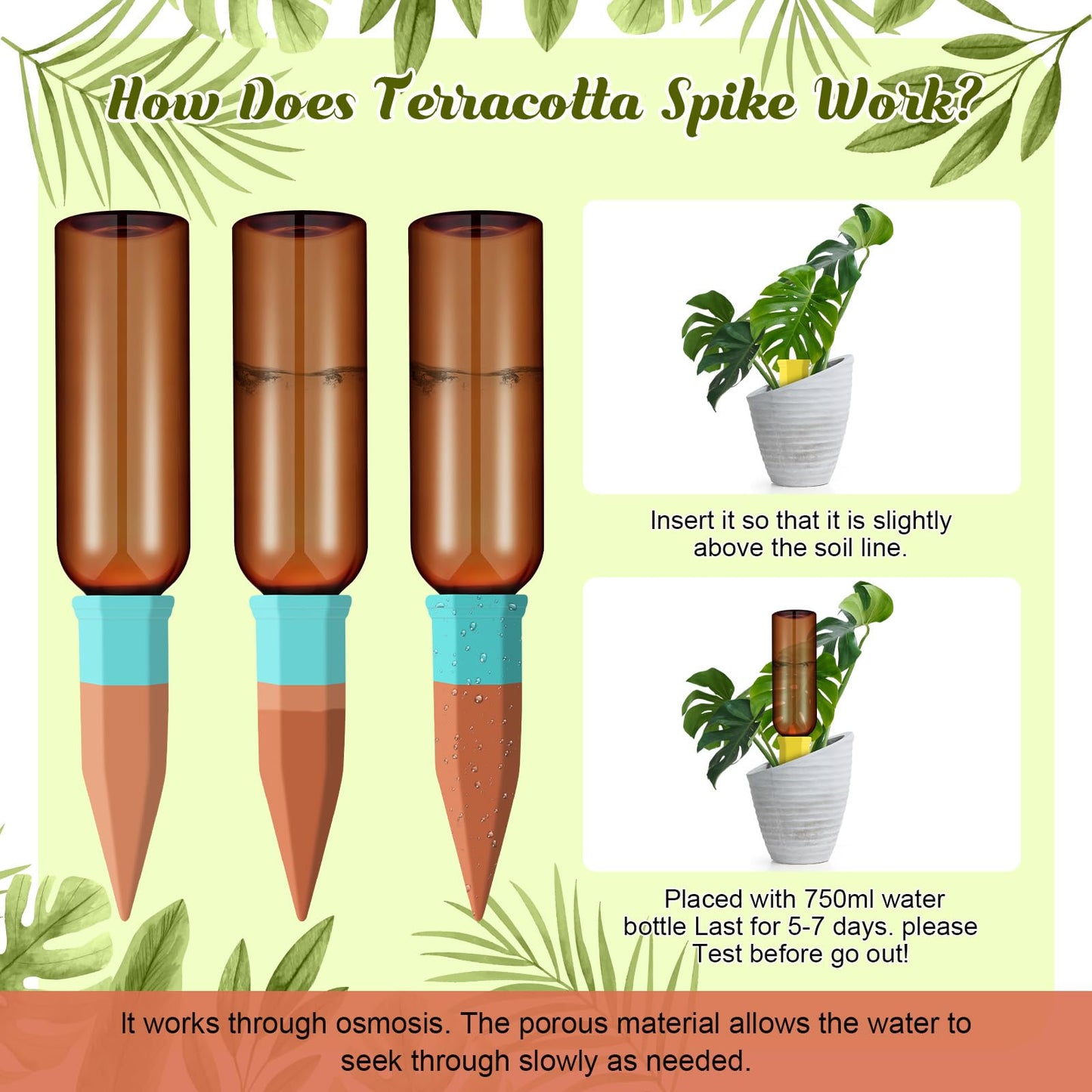 SiliFine 6 Sets Plant Watering Devices Include Terracotta Self Watering Spikes and 26 oz Plastic Bottles, Slow Release Vacation Insert Automatic Plant Waterer Device (Brown and Mixed Color)