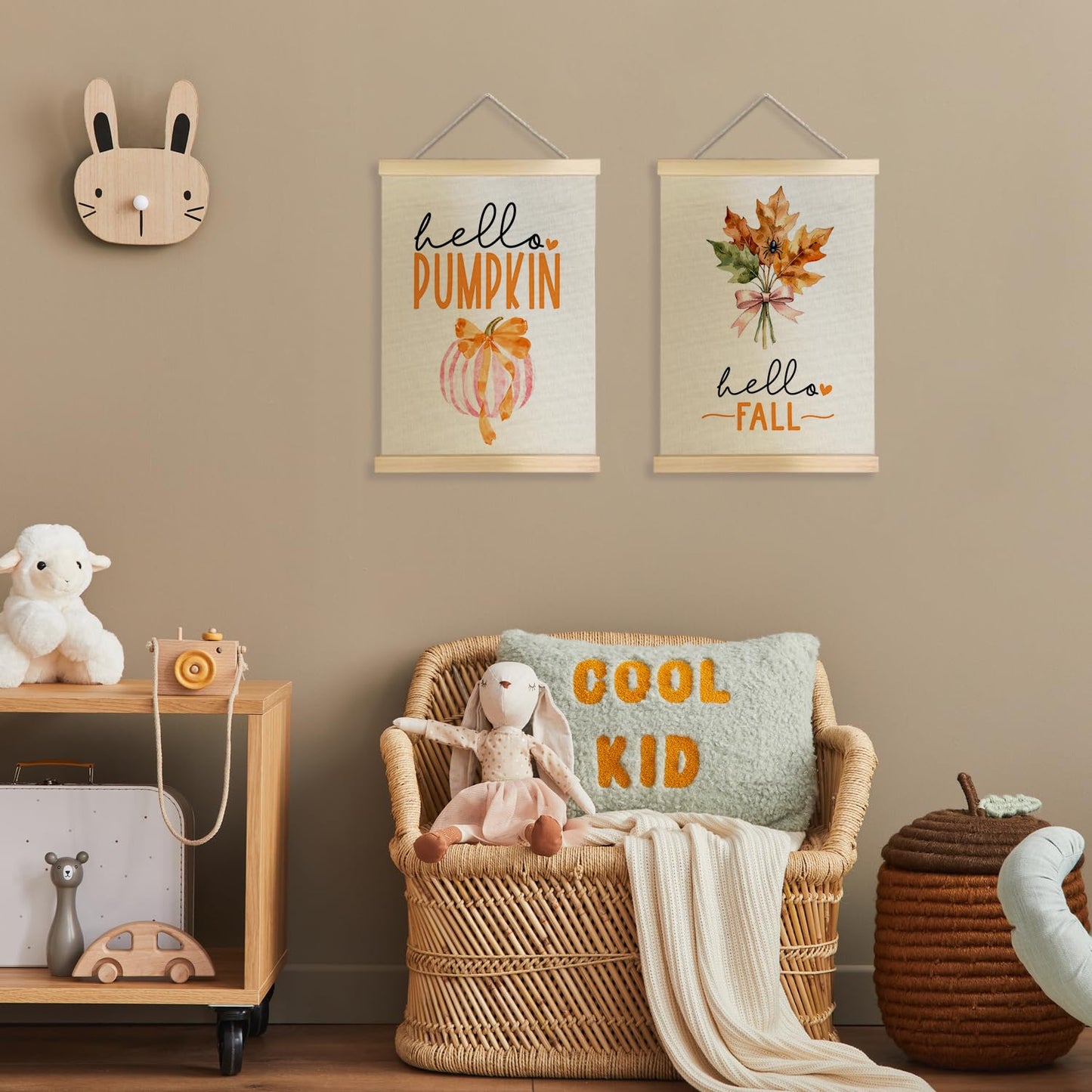 JINYO Hello Fall Pumpkin Maple Leaf Wall Art Poster, Preppy Fall Decor, Hello Pumpkin Autumn Canvas Prints Wall Decor for Home Living Room Kitchen Office, 12x16 Inches Set of 2
