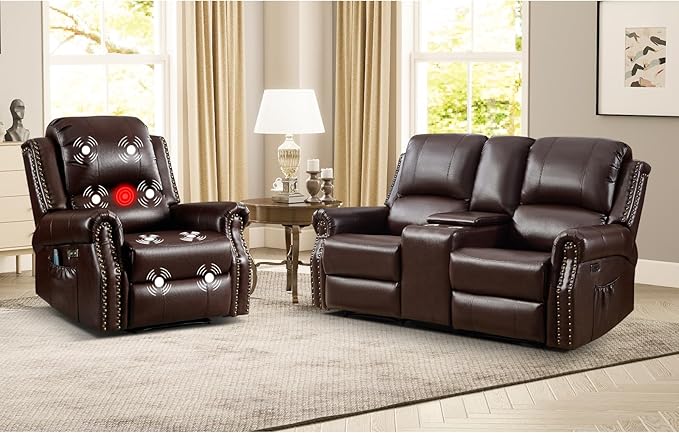 EBELLO 2-Piece Manual Recliner Sofa Set, Faux Leather Message Single Recliner