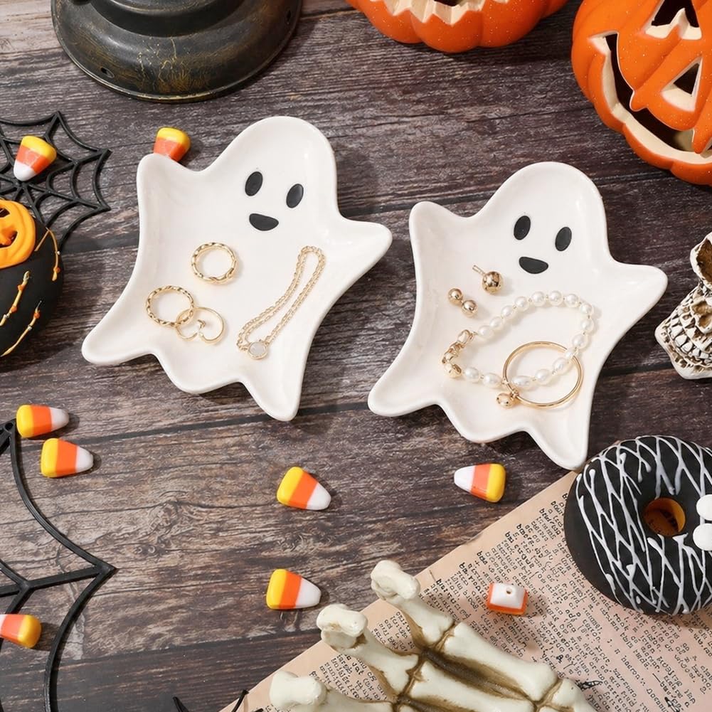 SUPERFINDINGS 2PCS Ceramic Spoon Rest Cooking 5.12"x4.45" Spoon Holder Halloween Ghost Jewelry Dish Tray Small Decorative Trinket Dish for Kitchen Bedrooms Living Rooms Small Items Storage