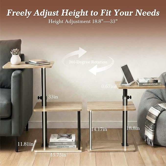 Faesun 360° Swivel Side Table for Height Adjustable, C Shaped End Table for