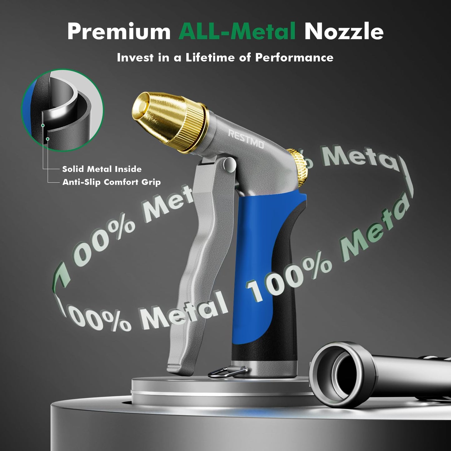 RESTMO Heavy Duty Metal Water Hose Nozzle, High Pressure Garden Hose Nozzle, Hose Sprayer Nozzle with Adjustable Spray Patterns for Garden Watering, Car Washing, Patio and Pet, Blue