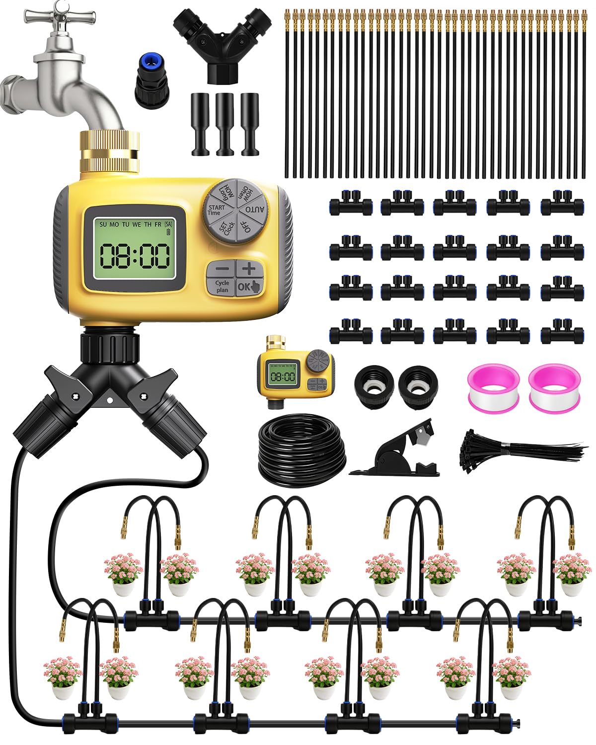 66FT Drip Irrigation System with Timer, Automatic Watering System Kit with Solid Brass Metal Connectors, 360° Dual‑Outlet Adjustable Nozzles for Garden, Yard, Lawn, Greenhouse & Potted Plants