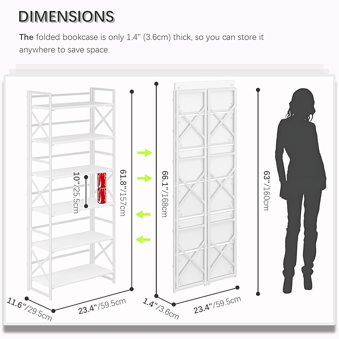 4NM 6 Tiers No Assembly Book Shelves, 61.8" H Folding Bookshelf Bookcase Open