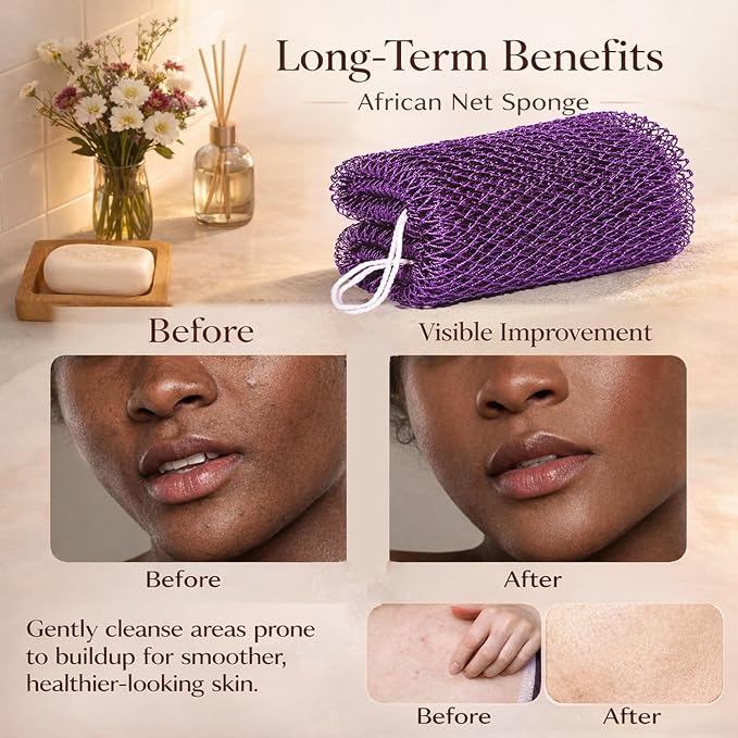 African Net Sponge Authentic, 3 Pieces African Exfoliating Net Sponge Body Back Scrubber Exfoliating Washcloth for Shower Bath for All Types Skin (Brown+Yellow+Green, 3 Pcs)