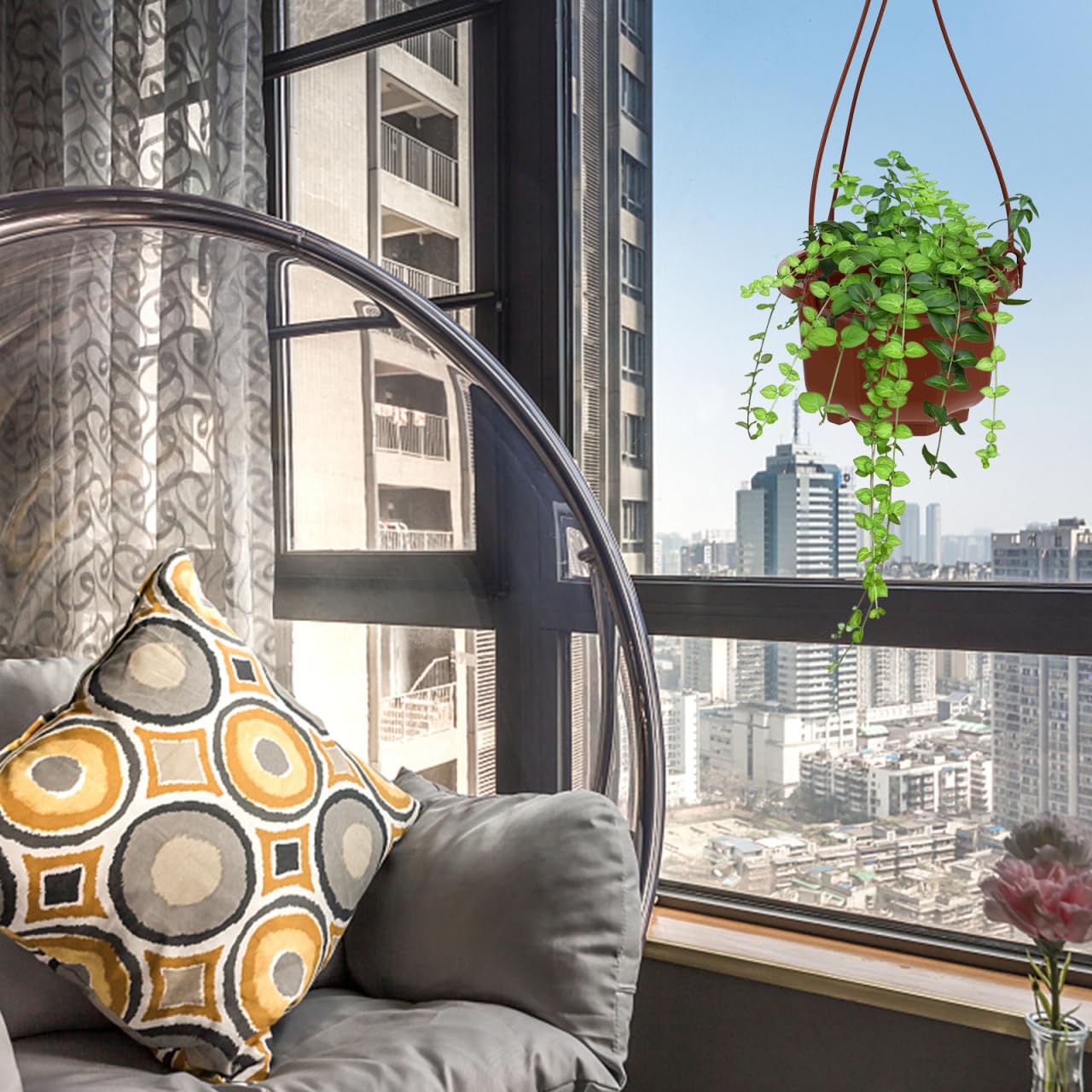Wakauto 6Sets Plastic Hanging Flowerpots - Metal Hook & Chain Planters with Drainage Holes & Non-Slip Feet, Breathable for Succulents & Orchids, Indoor/Outdoor Home & Garden Use