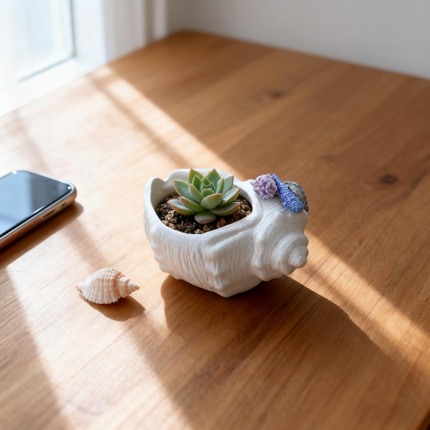 FMTITF Ceramic Seashell Planter with Drainage Hole, Succulent & Herb Pot for Indoor/Outdoor Plants, Hand-Painted Ocean Décor for Home, Office, or Garden (Blue/Lavender/Gray Shell Accents)