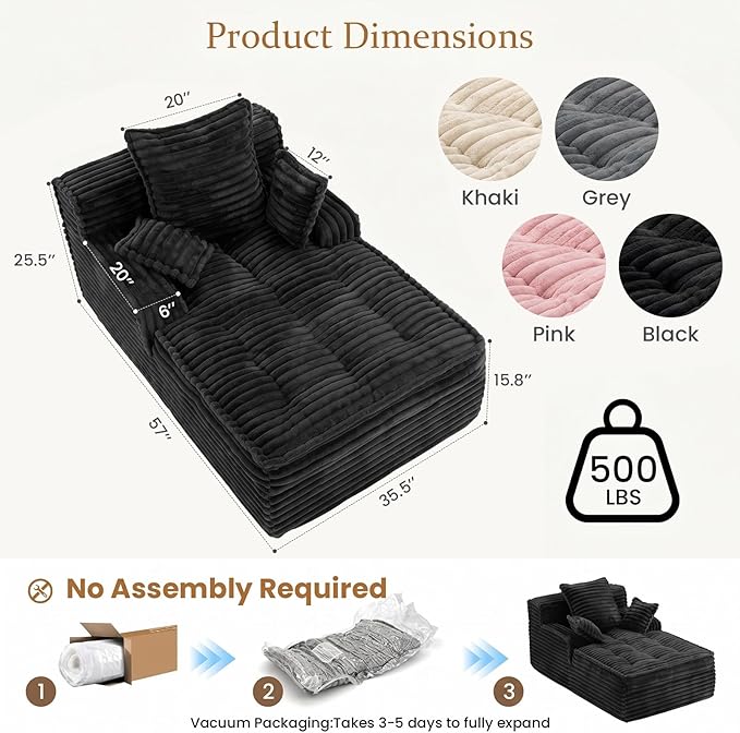 Boneless Chaise Lounge Couch Indoor, Small Corduroy Upholstered Sleeper Sofa