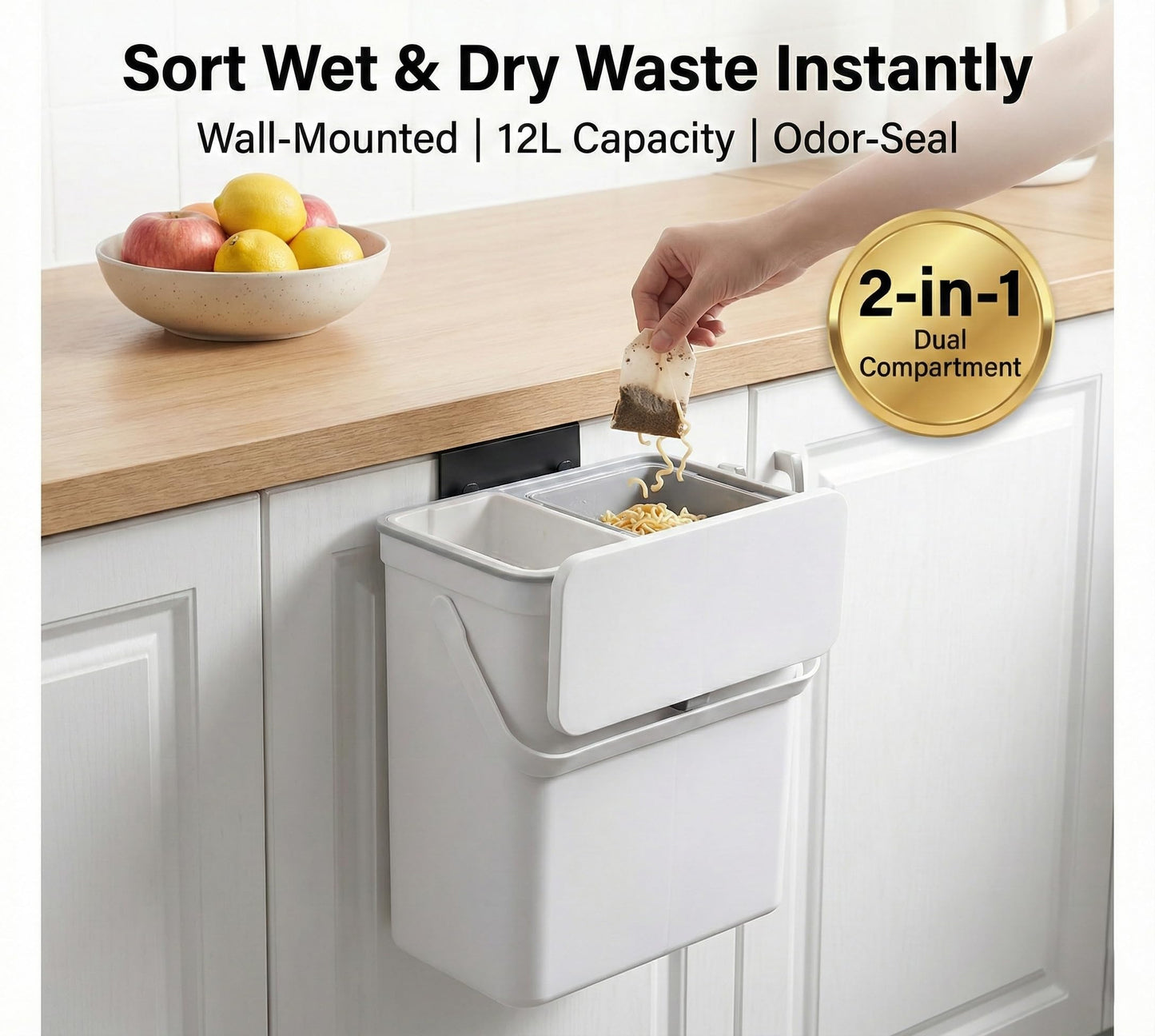 TOSCARA 3.2 Galoon Kitchen Compost Bin with lid | Odorless Hanging Trash Can with Sliding Lid for Dry & Wet Waste – 12 L Wall-Mounted Garbage Can for Kitchen Cabinet. Under Sink Trash can for Office.