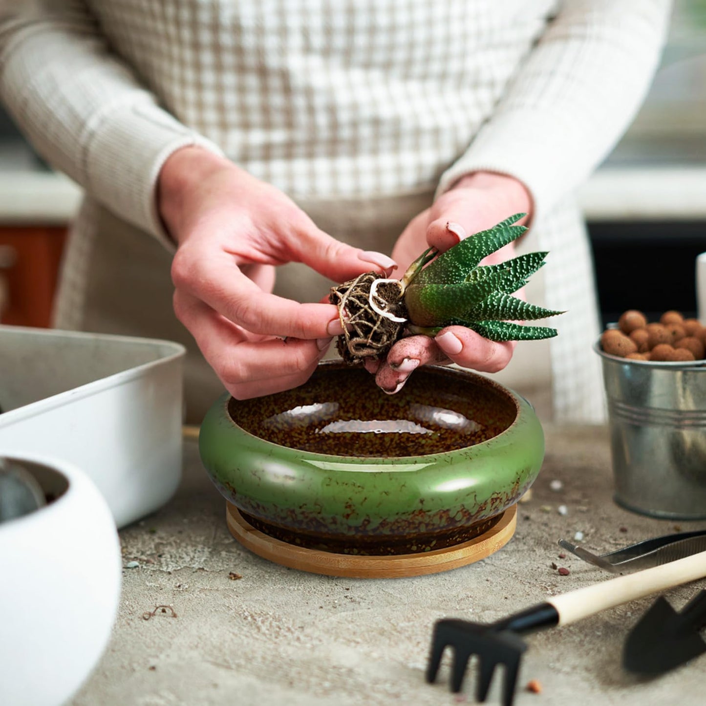 Kisangel Succulent Planters Ceramic Lotus Bowl 7.08 Inch with Drainage Hole and Tray Indoor Bonsai Pot for Cactus and Flower Plant Container Home Garden Decor