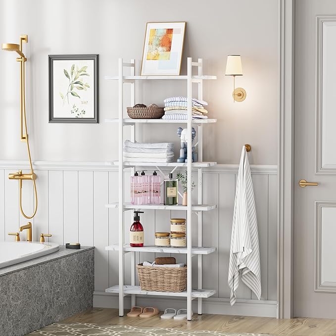 Bookshelf 6 Tiers White Wooden Storage Shelf, Modern Open Display Storage