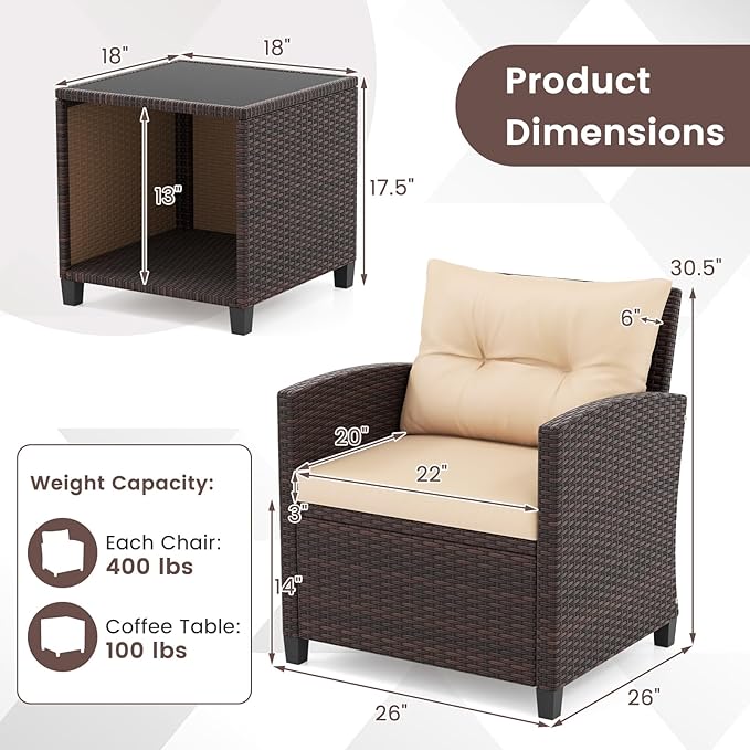 HAPPYGRILL 3 Pieces Patio Conversation Set, Outdoor Rattan Wicker Chairs &