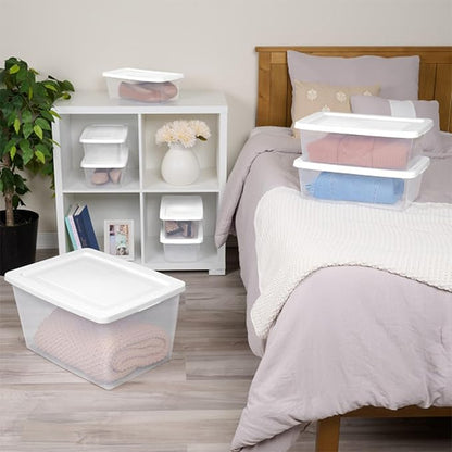 Sterilite 12-Pack Clear Storage Box, Stackable Container Bins with Lids, 58 Qt, White – Large Plastic Containers for Home, Closet, Bathroom, Classroom, and Office Organization
