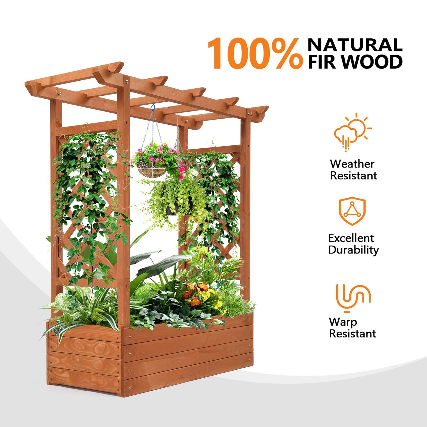VINGLI 45-in Raised Garden Bed with Trellis & Hanging Roof, Wooden Elevated Planter Box with Drainage Holes for Outdoor Climbing Plants Vegetables Flowers, Patio Yard Balcony