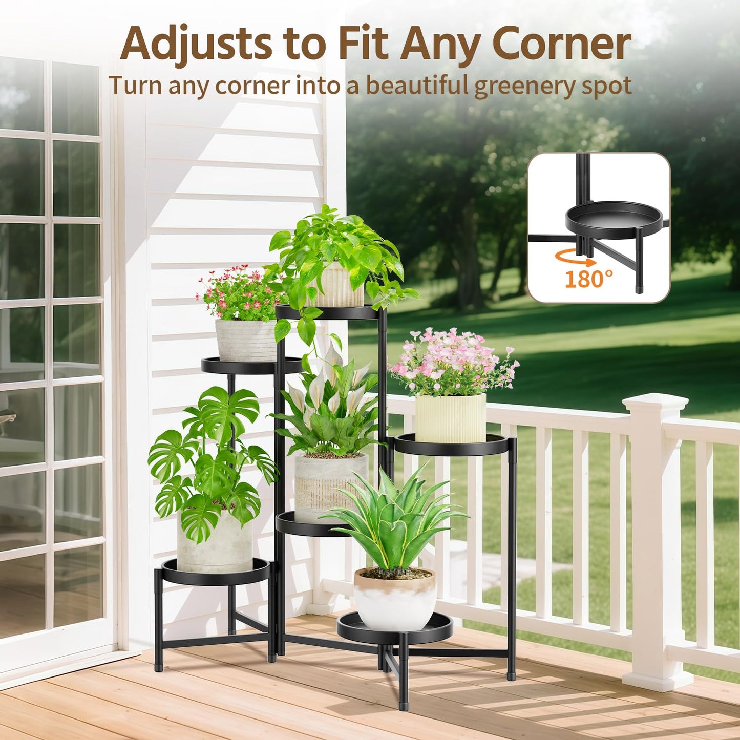 LASZOLA 6 Tier Large Plant Stand Indoor Tall with 10 Inch Metal Tray, Corner Folding Flower Display Rack, Modern Plant Holder Shelf for Outdoor Patio Porch Garden Office Living Room, Black