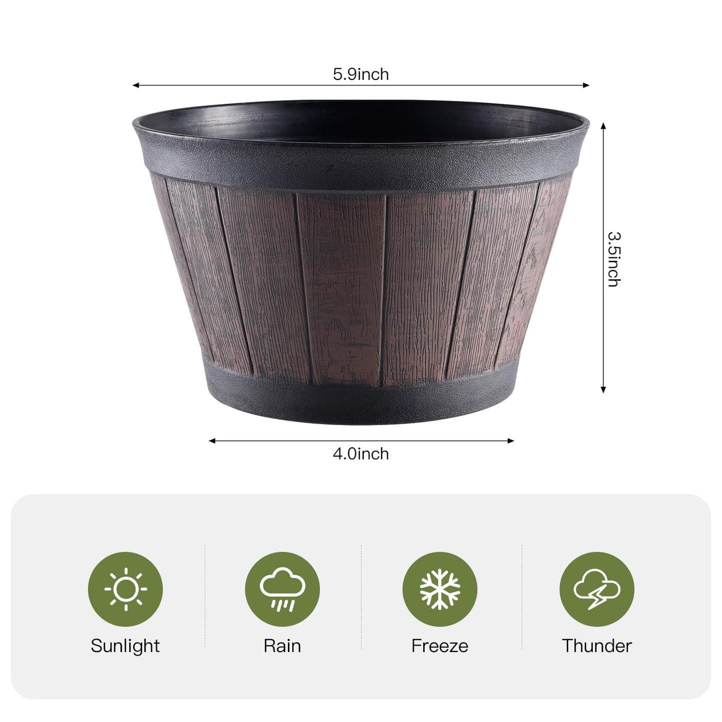 YI Barrel Planters Plant Pot Set of 6 Pack 6 Inch,Durable Plastic Flowerpot Mimics The Design of Wooden Whiskey Barrels,for Indoor & Outdoor Home Plants Essential for Home Gardening.