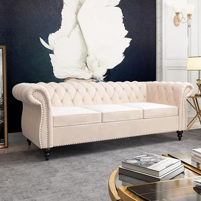 Mid-Century 3 Seater Sofa, Velvet Couch