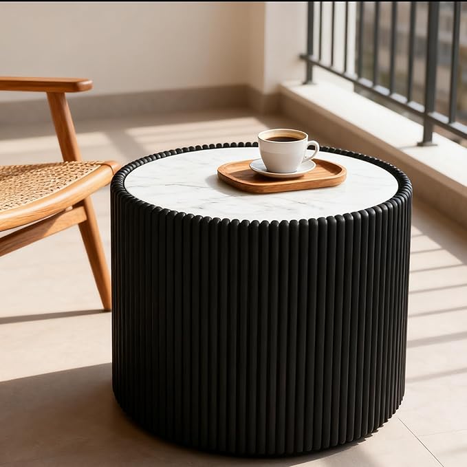 Marble Round Side Table, 17.71" Fluted End Table