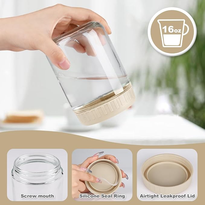 SHOWIN Overnight Oats Containers with Lids, 16oz Glass Jars with Lids 2 pcs, Apricot, Wide Mouth Mason jars for Salad, Yogurt, Snacks, Meal Prep