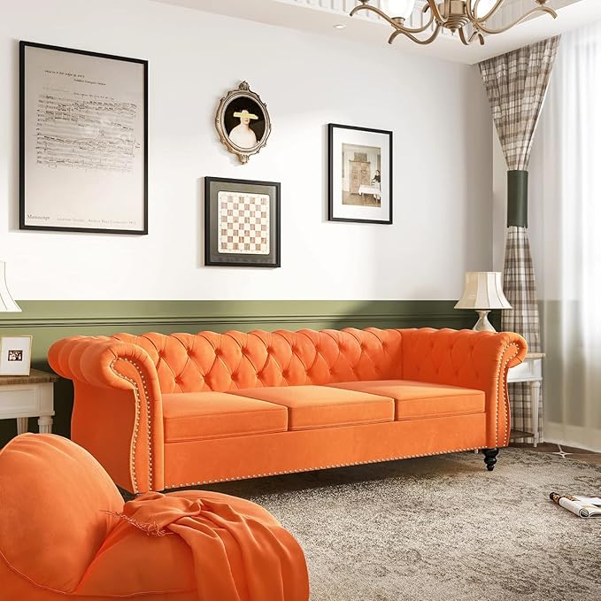 Mid-Century 3 Seater Sofa, Velvet Couch