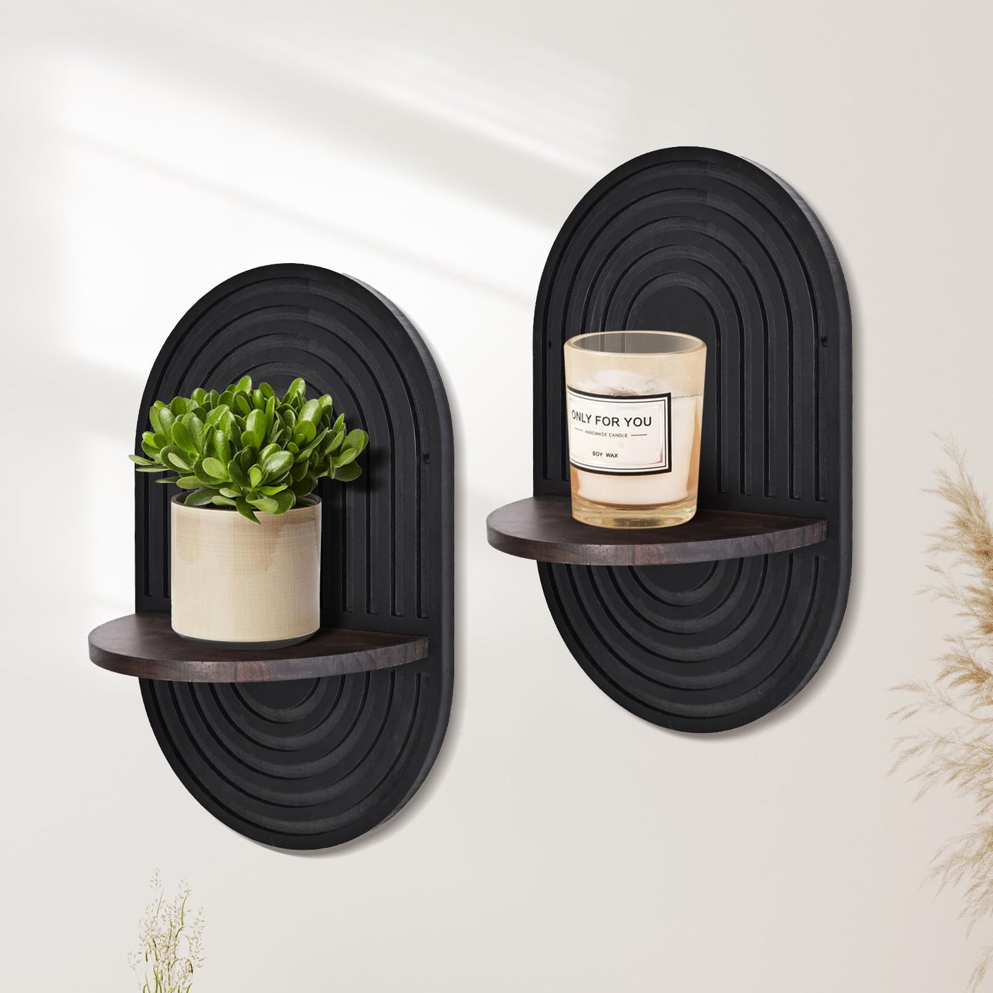 ZELURA 2 Pieces Boho Wall Shelf, Mid Century Shelves, Decorative Storage Unit, Black Plant Shelves, Wall Plant Holder,Floating Shelves