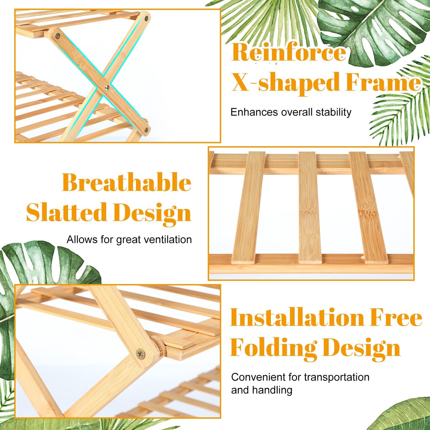 Leinuosen 4 Tier Wooden Plant Stand 27" x 27" x 10" Foldable Bamboo Display Rack Organizer Multiple Plant Shelf Flower Pot Holder Lightweight Portable Bamboo Shelf for Picnic Garden Patio Indoor