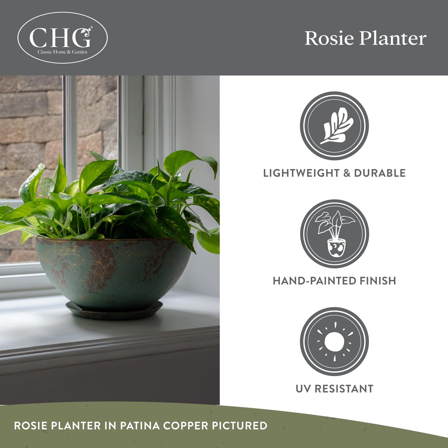 Classic Home and Garden by Growscape Rosie Modern Planter w/Drainage - Contemporary Planter Bowls - Shallow Round Vases for Small Plants - Versatile Indoor & Outdoor Pots (10” Weathered Copper)