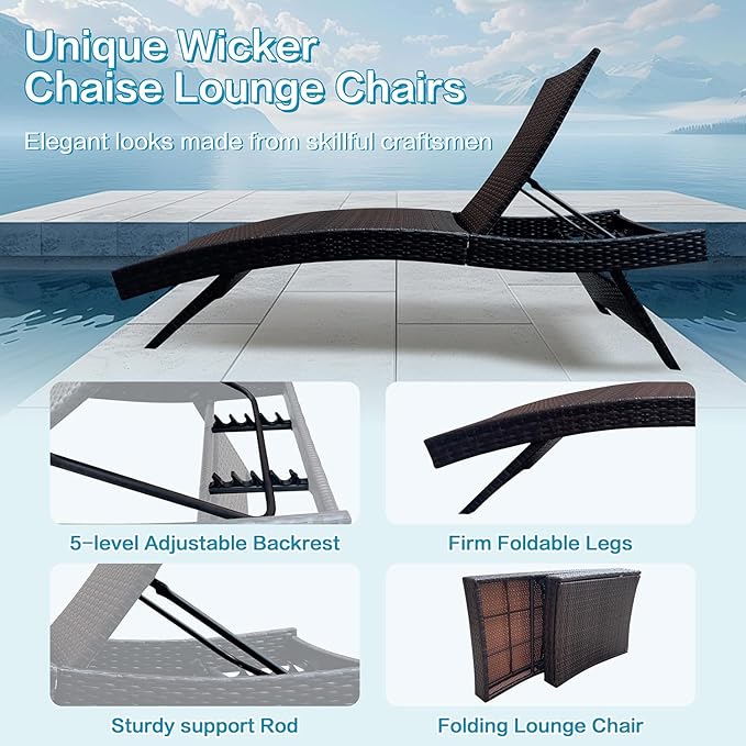 Folding Patio Chaise Lounge, Foldable Long Reclining Patio Seating Chairs