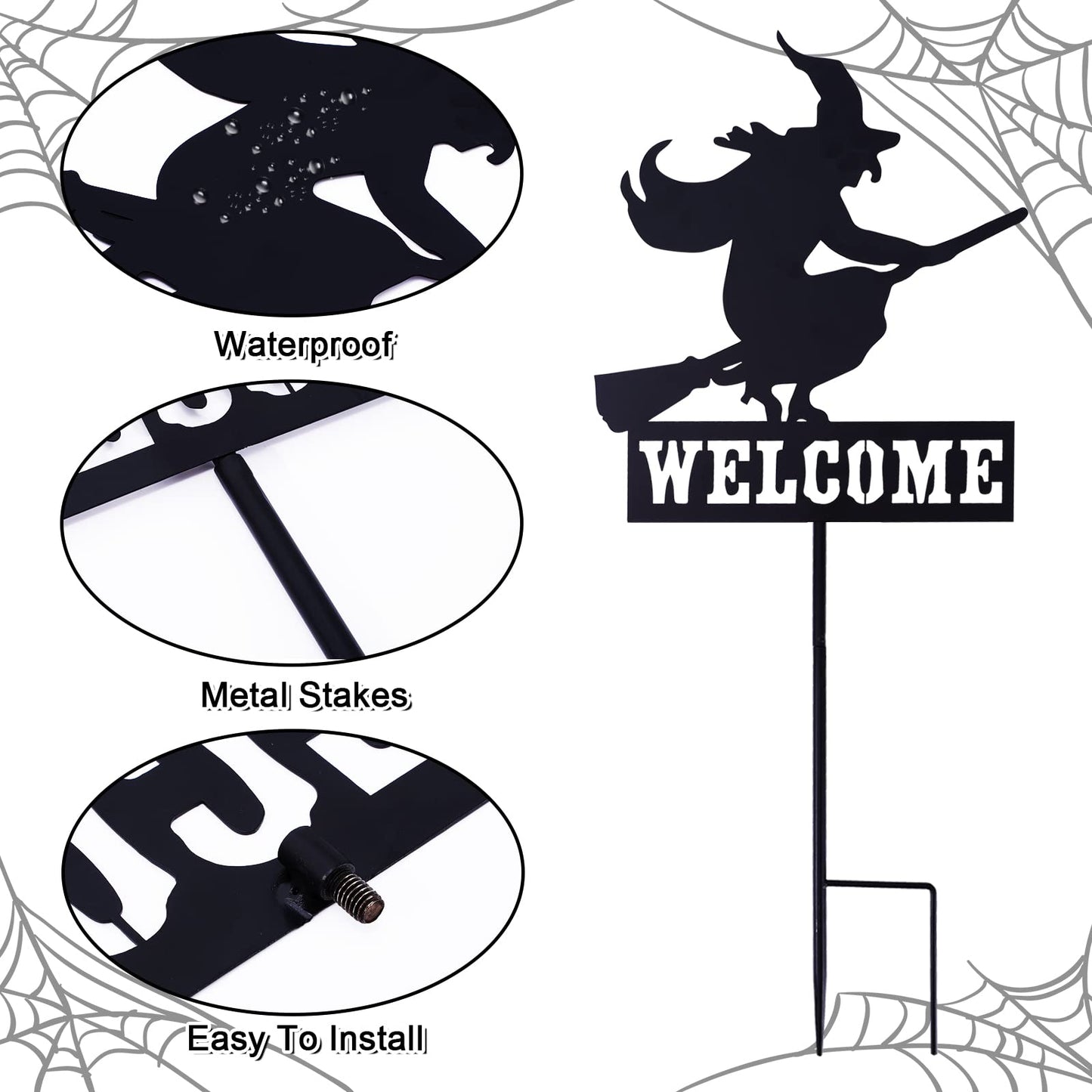 Whaline Halloween Welcome Sign with Stake Spooky Witch on Broom Door Hanger Sign Black Witches Silhouette Garden Stakes for Halloween Home Outdoor Garden Outside Yard Lawn Patio Decor