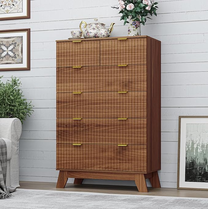 BORNOON 46" Tall Dresser for Bedroom, 6-Drawer Fluted Chest of Drawers
