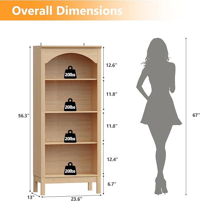 Arched Bookshelf with 4 Tier Open Shelves, Study and Living Room, Natural Oak