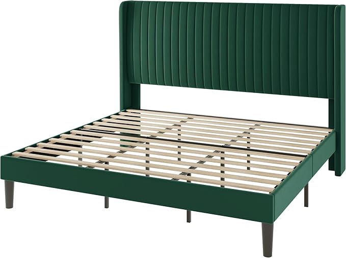 Allewie King Size Bed Frame/Velvet Upholstered Platform Bed/Vertical Channel